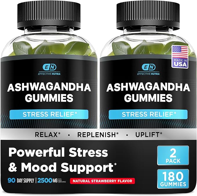 EFFECTIVE NUTRA Ashwagandha Gummies 1500mg | Stress Relief, Immune Support, Calm Mood, Energy | Natural Berry Flavor | 90-Day Supply | Vegan, Gluten-Free, Non-GMO | Supplement for Men & Women (2-Pack)