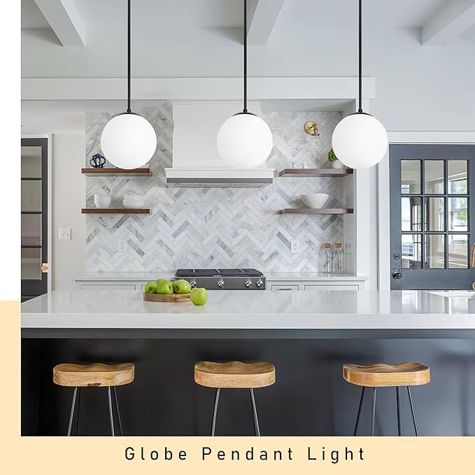Bagood 10 Inch Globe Pendant Light Contemporary Globe Pendant Lights Black Mid Century Pendant Light Adjustable Hanging Light Fixture Matte Black Finished with Milk Glass Lampshade for Kitchen Island