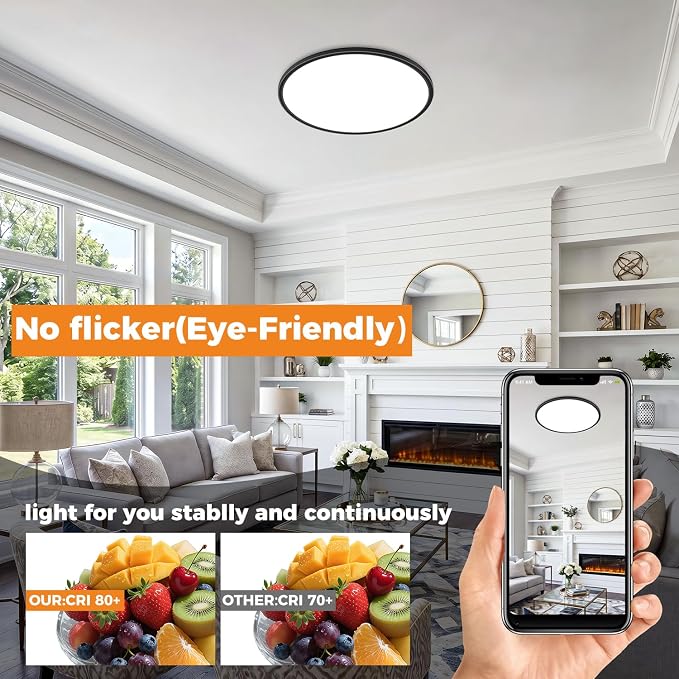 hepside 1PACK Flush Mount LED Ceiling Light Fixture Black, 20Inch 45Watt, Dimmable & 3000K-4500K-6000K Ceiling Lamp 4500LM Low Profile Ceiling Light for Kitchen Bedroom Hallway Porch