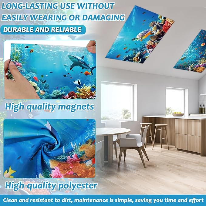 12 Pcs Fluorescent Light Covers with 120 Magnets Decorative for Classroom Ceiling Light 4 x 2 Feet Magnetic Light Covers Filter Easy Install for Office Hospitals & Home Ceiling Supplies(Ocean Animal)