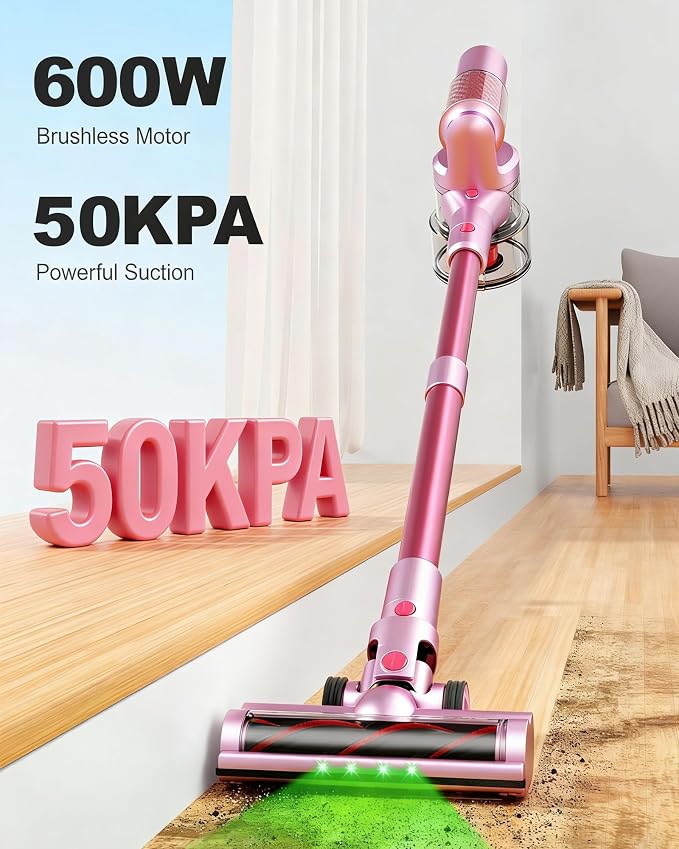 Pink Cordless Vacuum Cleaner, 50Kpa/600W/60 Mins Runtime Stick Vacuum with Self-Standing and Touch Screen, Anti-Tangle Wireless Vacumm, Vacuum Cleaners for Home/Pet Hair/Carpets/Floors