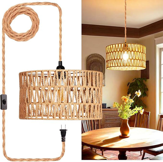 Plug in Pendant Light,Rattan Hanging Lights with Plug in Cord,Handmade Hanging Lamp Plug in,Rattan Light Fixtures Ceiling Hanging for Living Room Bedroom