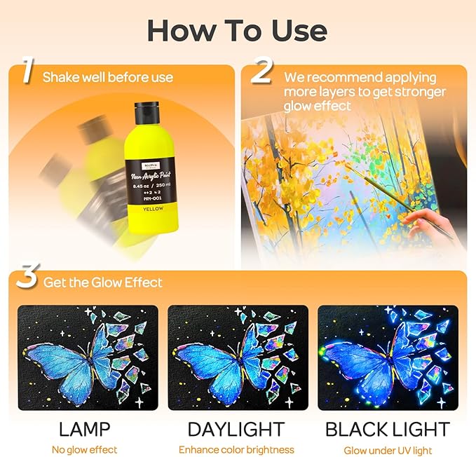 Nicpro 6 Colors Fluorescent Acrylic Paint Set (8.45 oz), Glow in the Black Light, Non-Toxic & Vibrant Neon Paint for Neon Party Decoration, DIY Project on Multi-Surface, Canvas, Rock, Wood, Craft