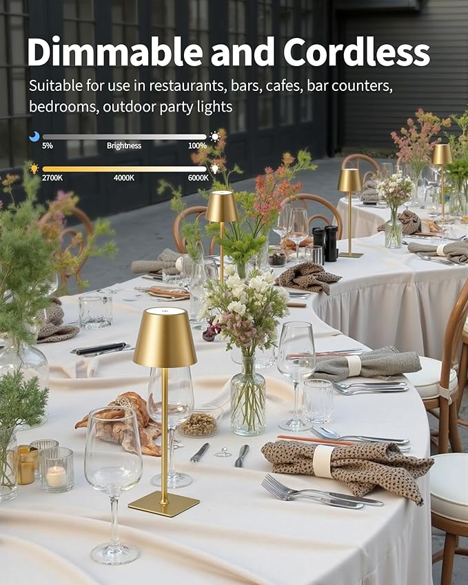 KDG 2 Pack Cordless Table Lamp, Portable LED Desk Lamps, 4000mAh Battery Operated, 3 Color Stepless Dimming Up, for Restaurant, Bedroom, Outdoor Camping, Coffee Shop, Night Light, Rechargeable (Gold)