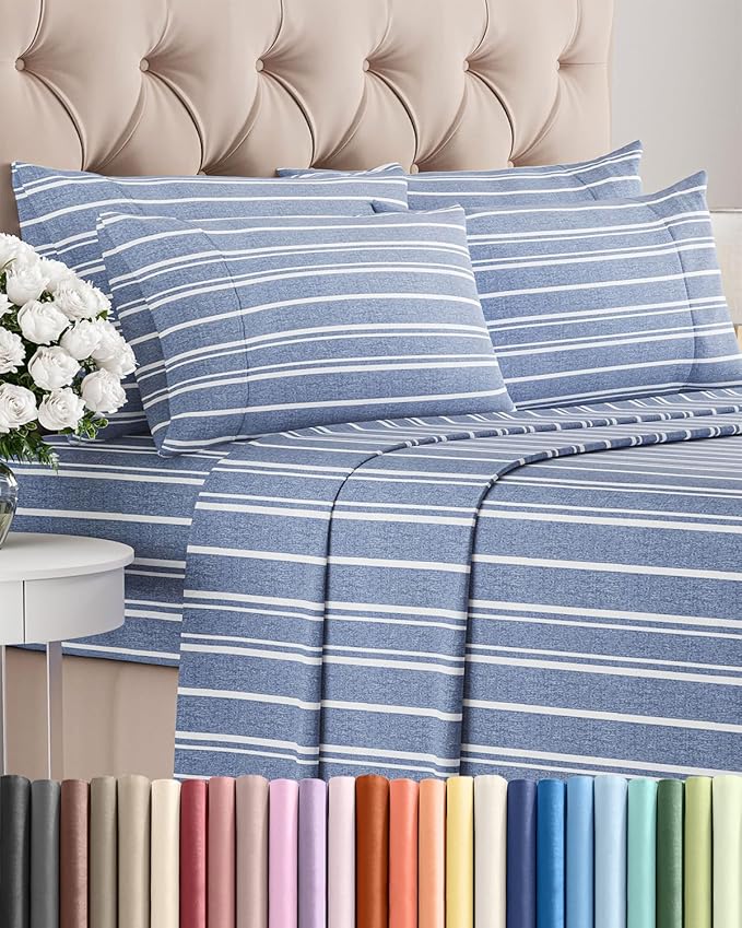 Full 6 Piece Sheet Set - Comfy Breathable & Cooling - Soft Hotel Luxury Bedding Set with 8-16 Inch Deep Pockets - 1 Flat & 1 Fitted Sheet & 4 Pillowcases - Wrinkle Free & Easy Care - Blue Stripes 3