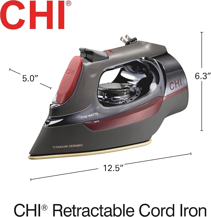 CHI Steam Iron for Clothes, Professional Grade, Titanium Infused Soleplate, 400+ Steam Holes, 1700 Watts, 3-Way Auto Shutoff, 8' Retractable Cord, Black/Chrome