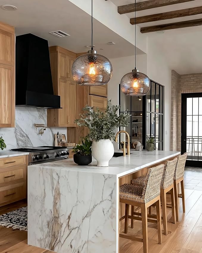 CASAMOTION Handblown Glass Pendant Lighting Drop Ceiling Lights, Modern Rustic Hanging Light Clear Seeded Glass with Black Marble, Brushed Nickel Finish, 8.7 Inch Diameter