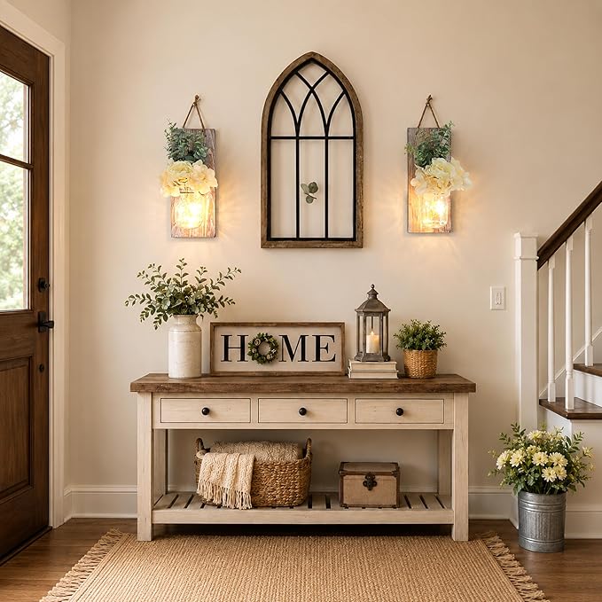 Rustic Wall Decor Set of 2, Modern Farmhouse Decor Living Room for Home Living Room Bedroom Decorations with Rose Bouquet Flowers and Remote LED Fairy Lights (X-Large Brown)