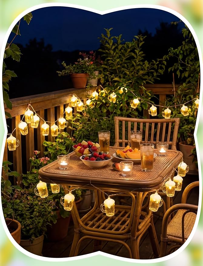 Beer Mug String Lights, 8.5Ft Hawaiian Beach Themed Party Decorations String Lights with 10 3D Beer Cup Lights, Outdoor Light Beer for Tropical Luau Party Beach Pool Summer Tiki Gifts Decorations