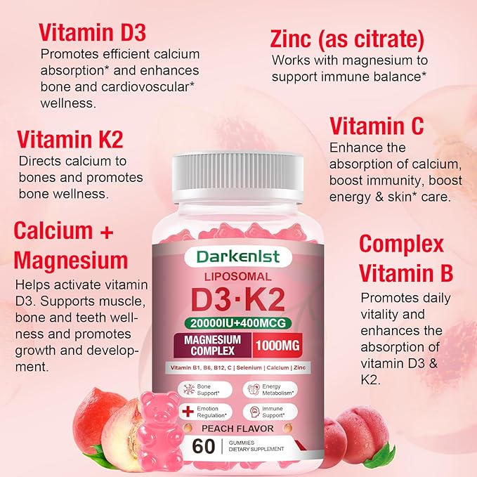 2 Pack Liposomal Vitamin 20,000IU D3 + 400mcg K2 Supplment,Complex Magnesium Glycinate, Malate & Citrate, Calcium, Zinc, Rich In Vitamins B & C, Stress Relief, Relaxation & Bone Support for Adults
