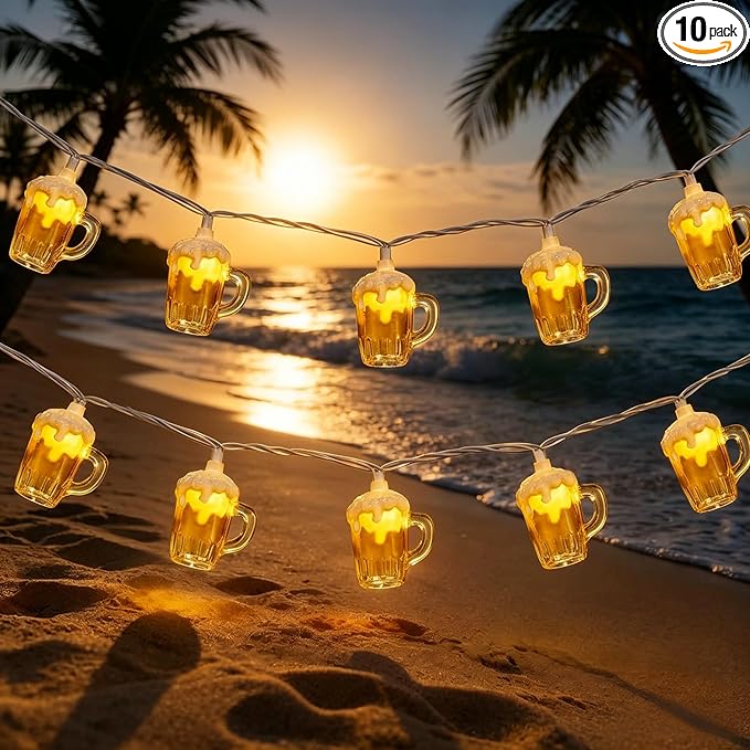 Beer Mug String Lights, 8.5Ft Hawaiian Beach Themed Party Decorations String Lights with 10 3D Beer Cup Lights, Outdoor Light Beer for Tropical Luau Party Beach Pool Summer Tiki Gifts Decorations