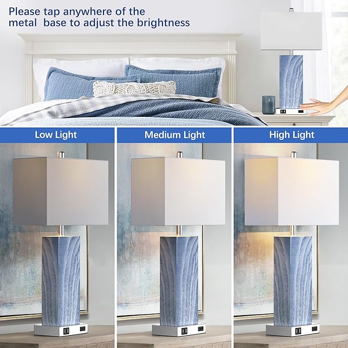 Touch Control Table Lamps with White Fabric Shade Set of 2, 3-Way Dimmable Modern Ceramic Blue Nightstand Bedside Lamp with 2 USB Ports 1 AC Outlet for Living Room, Bedroom (LED Bulbs Included)