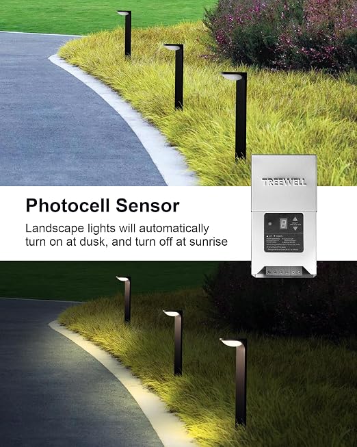 300W Low Voltage Landscape Transformer, Outdoor Landscape Lighting Transformer with Photocell Sensor & Timer, 120V AC to 12V/15V AC, Stainless Steel Weatherproof Transformer, ETL Listed