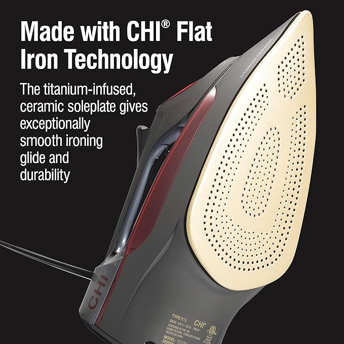 CHI Steam Iron for Clothes, Professional Grade, Titanium Infused Soleplate, 400+ Steam Holes, 1700 Watts, 3-Way Auto Shutoff, 8' Retractable Cord, Black/Chrome