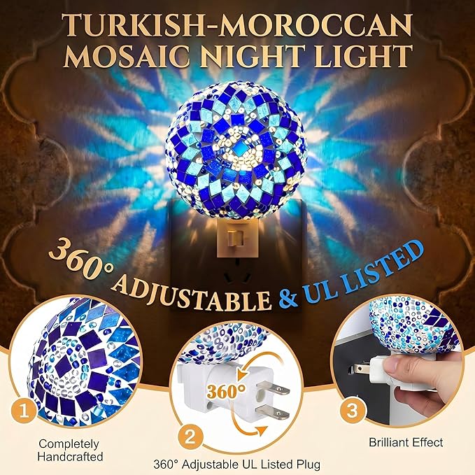 Baquler Turkish Night Light Plug in Wall - Moroccan Stained Glass Globe Lamp Bohemian Bedroom Decor Ambient Warm Light for Living Room Hallway Unique Gift for Women(Blue)
