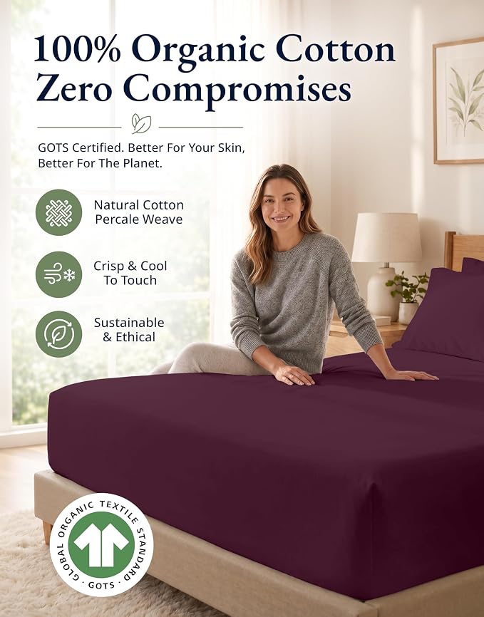 LANE LINEN Queen Fitted Sheet & Pillowcases Set (No Flat Sheet) - 100% Organic Cotton Soft & Breathable Percale Weave Fitted Sheet Set - GOTS Certified - 15'' Deep Pocket - Windsor Wine