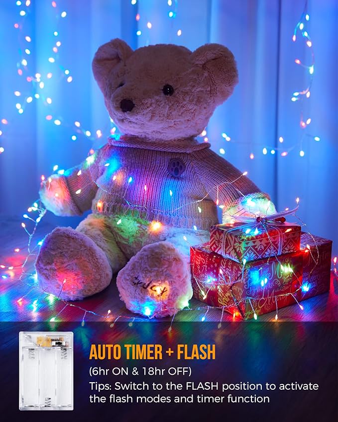 Battery Operated Fairy Lights, 10Feet 120LEDs Firecracker String Lights Waterproof Silver Wire Starry Firefly Lights for DIY Wreath Home Wedding Indoor Outdoor Christmas Decorations, Multicolor