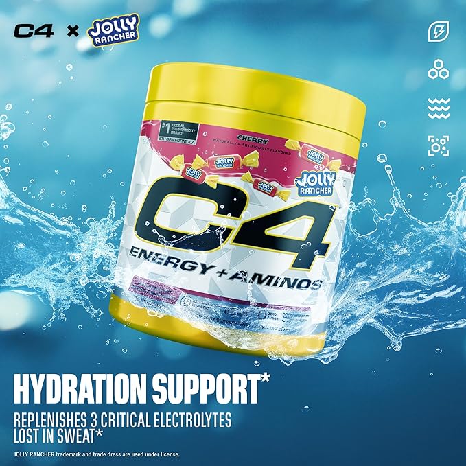 C4 Energy + Aminos Powder Jolly Rancher Cherry, 5g BCAAs & EAAs for Muscle Recovery, 3 Electrolytes for Hydration, 100mg Natural Caffeine, Pre Workout, Zero Sugar, 30 Servings