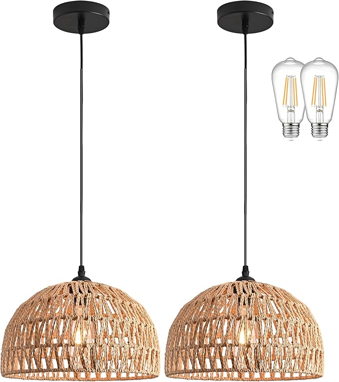 2 Pack Hemp Rope Woven Pendant Light Woven Light Fixture Boho Chandelier Light Fixture Wicker Pendant Lights Rattan Dome Wicker Chandelier for Dining Room Kitchen Island (Bulb Incl.