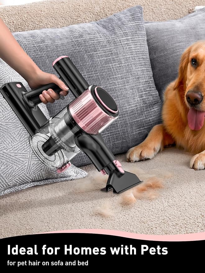 VICEASE Cordless Vacuum Cleaner, 8 in 1 Powerful Suction Lightweight Vacuum Cleaner for Home, LED Display, 3 Suction Modes, 45Mins Detachable Battery Stick Vacuum for Hard Floor Carpet Pet Hair, Pink