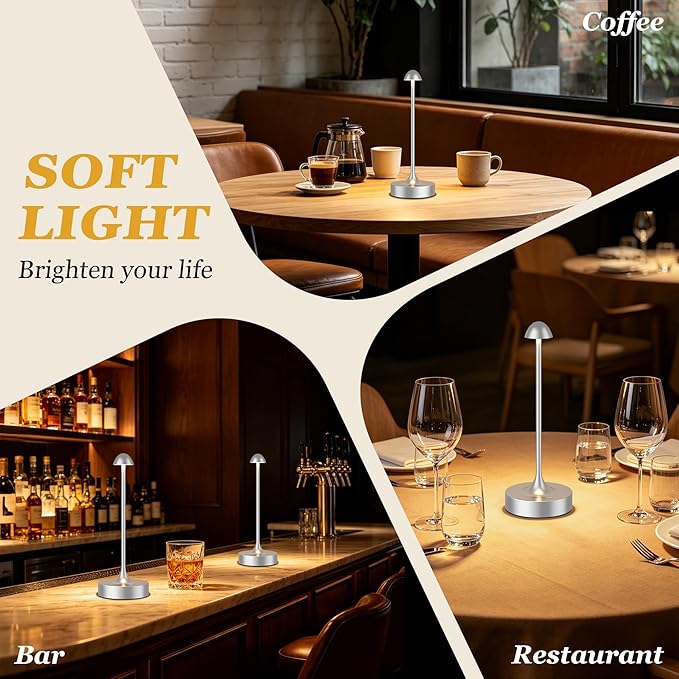 Kakanuo Rechargeable Cordless Table Lamp, Battery Operated Lamps, 3-Color Stepless Dimming, Portable Wireless Desk Lamp, LED Lighting for Dining Room, Restaurant, Office, Bar, Home(Silver 2 Pack)