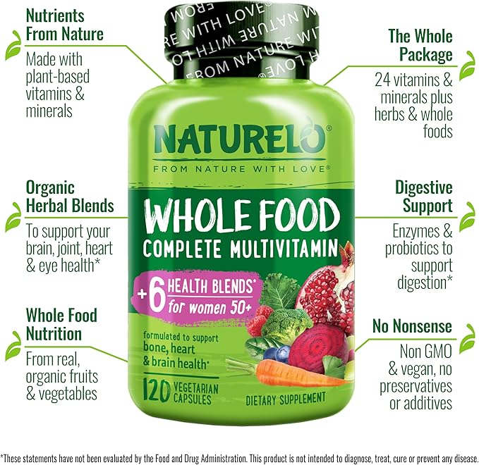 Multivitamines alimentaires complètes NATURELO pour femmes de 50 ans et plus (sans fer) avec vitamines, minéraux et extraits biologiques – Supplément pour femmes ménopausées de plus de 50 ans – Sans OGM – 120 gélules végétaliennes