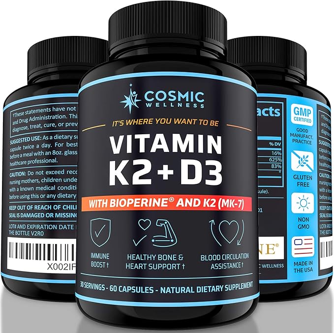 K2 D3 ビタミンサプリメント 5000IU - 骨、血液、心臓の健康増進、免疫力向上に - バイオペリン配合でカルシウム吸収率アップ - 100%天然・アレルゲンフリー - ビタミンD3 K2 Mk7 5000IU