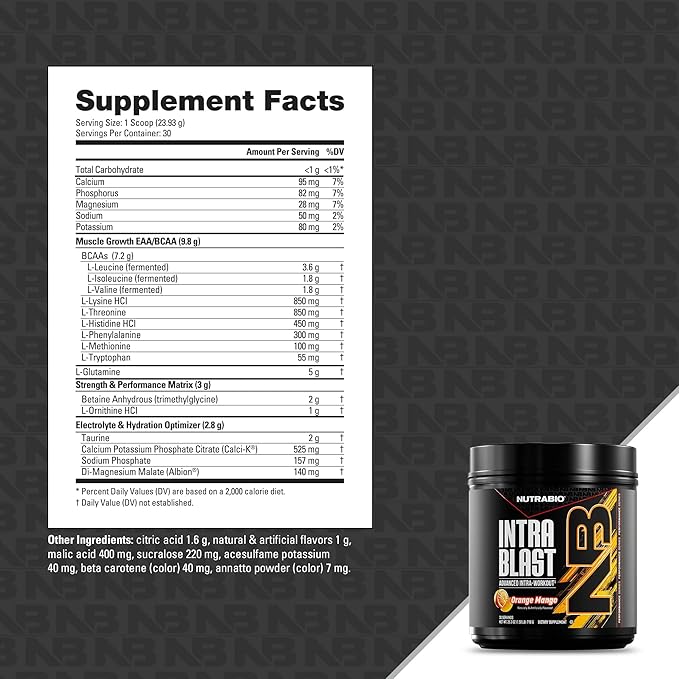 NutraBio Intra Blast Bcaa Powder Amino Acid Supplement, Electrolyte & Hydration Blend, Intra, Pre Workout & Muscle Recovery, 20g Eaa Amino Acids Powder, 5g Glutamine- Orange Mango, 30 Serving