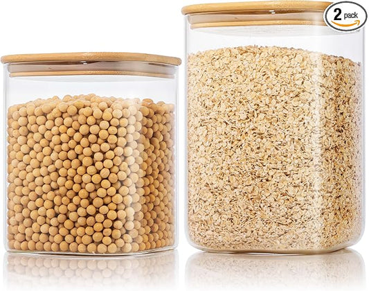 132oz & 63oz Large Glass Storage Containers with Lids for Pantry Storage-2P | Square Borosilicate Glass Jar with Airtight Lid Keep Flour, Sugar & Rice Fresh, Fit 5lb Bag, BPA-Free for Pantry Organizer