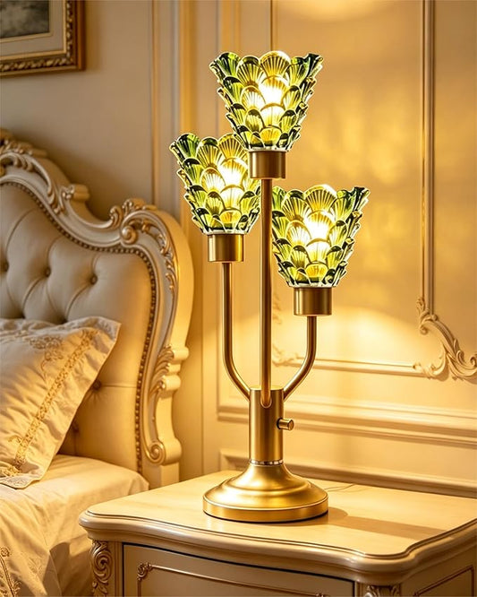 Mid Century Modern Vintage Table Lamp Dimmable Nightstand Lamp with Green Glass Gold Desk Lamp 3 Bulbs Included Warmwhite Ambient Bedside Lamps for Bedroom Living Room Office Home Decor