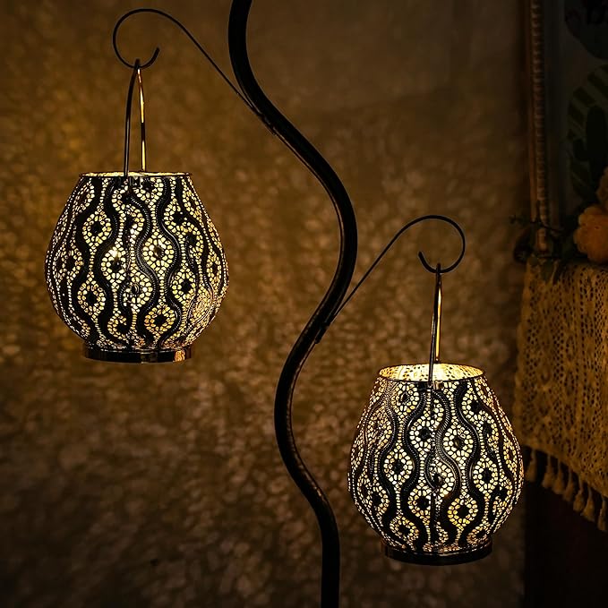 TRIROCKS Set of 2 Moroccan Decorative Lamps 8'' High Cordless Lamp Metal Table Lamps with Fairy Lights Bulb for Home Living Room Garden Yard Party Events Tabletop Indoor Outdoor(Gold)