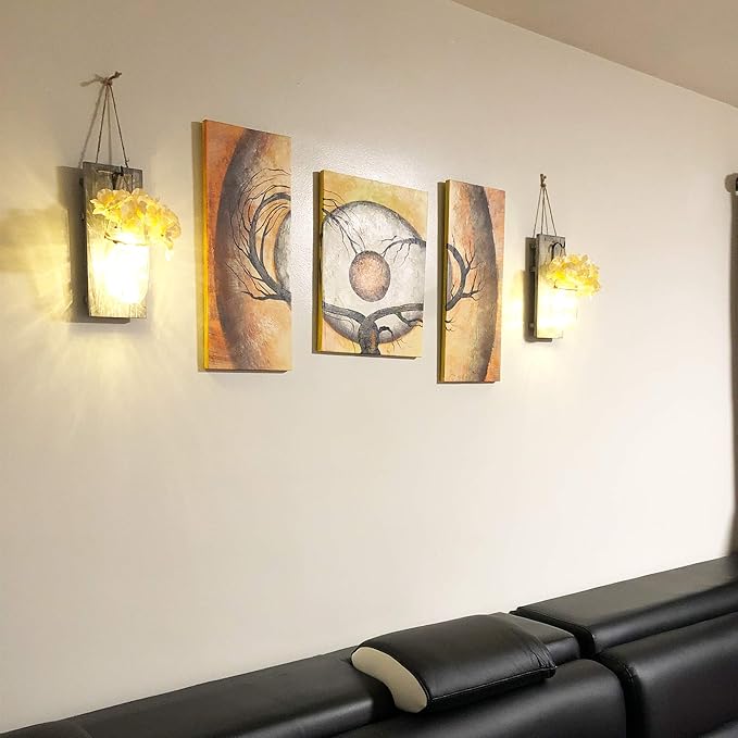 Rustic Mason Jar Sconces Wall Decor - Set of 2 Hanging Wooden Wall Art with LED String Lights & Remote Timer - Vintage Farmhouse Decoration for Living Room or Bedroom, Grey