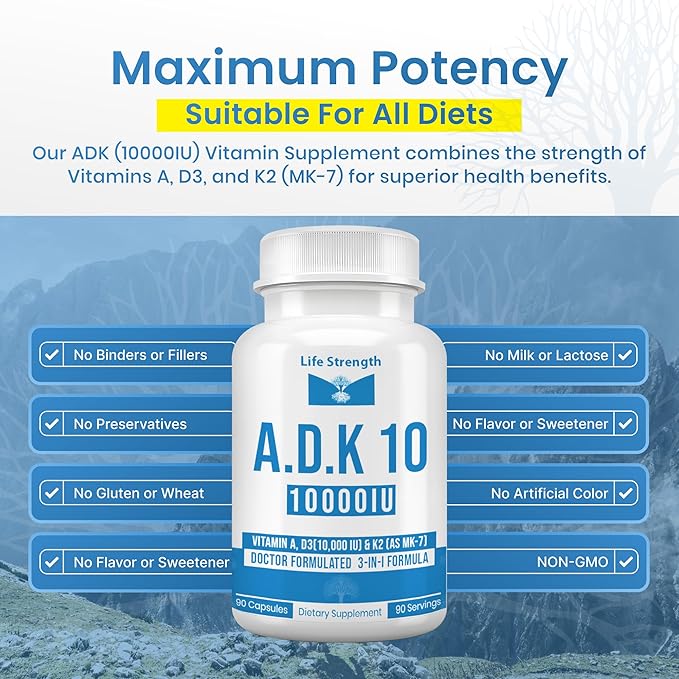 ADK 10 サプリメント 10000 IU (90粒) - 医師が処方した骨の健康のためのADKビタミンA、D3、K2 (MK7として) - 免疫システムサポート - グルテンフリー、大豆フリー、非GMO