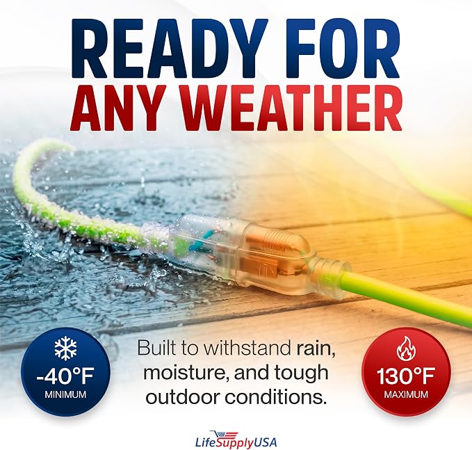 100ft Outdoor/Indoor Extension Cord 12/3 Gauge Extra Heavy Duty 3 Prong SJTW, Waterproof, Flexible Cold-Resistant Long Power Cord, 15A 125V 1875W, Neon Green by LifeSupplyUSA