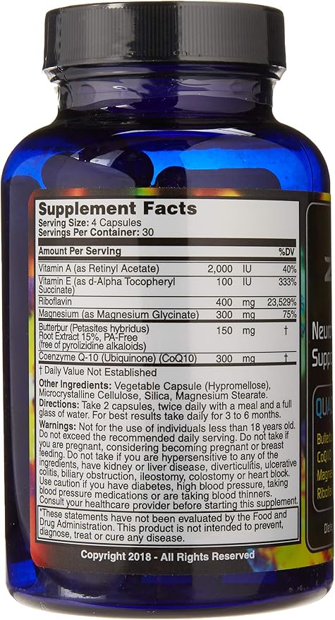 偏頭痛緩和、PAフリーフキタンポポ（150mg）、コエンザイムQ10（300mg）、マグネシウムグリシン酸（300mg）、高用量リボフラビン（400mg）配合クアッドフォーミュラ - MigrA Zero (120カプセル) 偏頭痛に悩む方に最適な用量