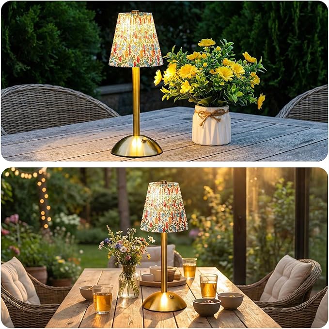 Liliful 2 Pcs Cordless Table Lamp Rechargeable Touch LED Small Gold Portable Battery Operated USB-c Desk Lamp 3 Color Dimmable for Bedroom Living Room Dining (Gold,Floral Style)