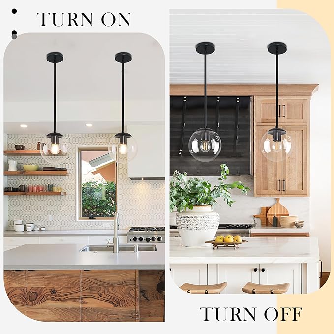Bagood 6 Inch Globe Pendant Light Black Mid Century Pendant Light Clear Glass Pendant Lights Kitchen Island Mid Century Adjustable Hanging Farmhouse Pendant Lights Fixtures for Kitchen Island