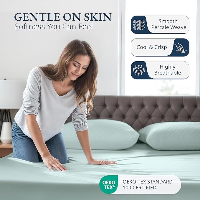 LANE LINEN Full Size Fitted Sheet & Pillowcases (No Flat Sheet) - 100% Organic Cotton Soft & Breathable Percale Weave Fitted Sheet Set - 15'' Deep Pocket For Snug Fit - GOTS Certified - Cool Blue