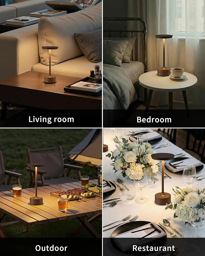 PUSU Rechargeable Table Lamps Set of 2, Brown Cordless LED 4000mAh Battery Desk Lamp, Stepless Dimming & 3 Color 2700K-6000K, Portable Lamp for Bedroom, Living Room, Restaurant, Outdoor, Night Light