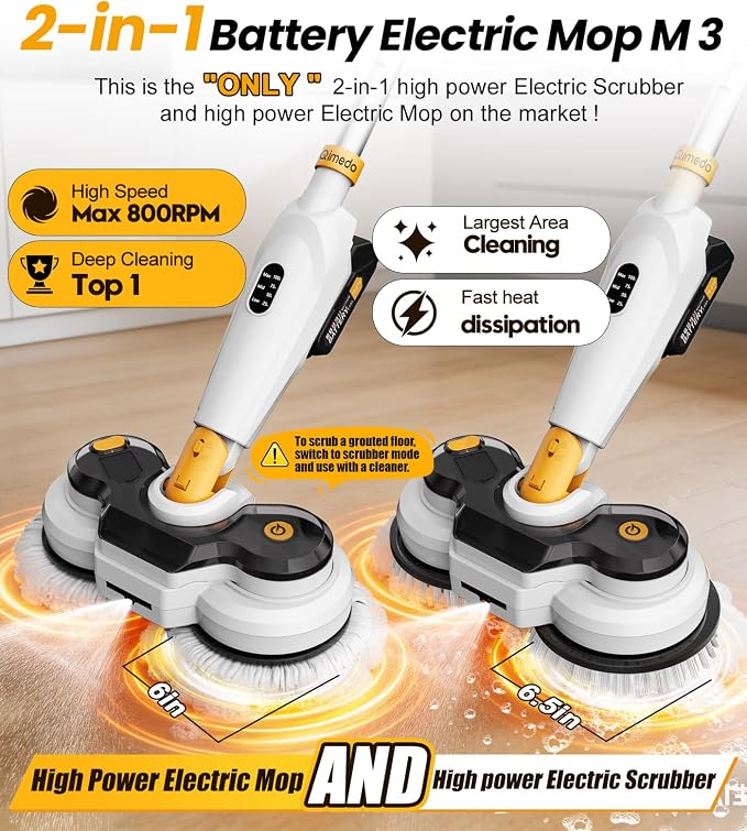 Qimedo Battery Electric Mop, Cordless Electric Scrubber & Mops for Floor Cleaning, Best Automatic Spin Mops with Smart Display,Rotating Mop with LED Light & Water Spray