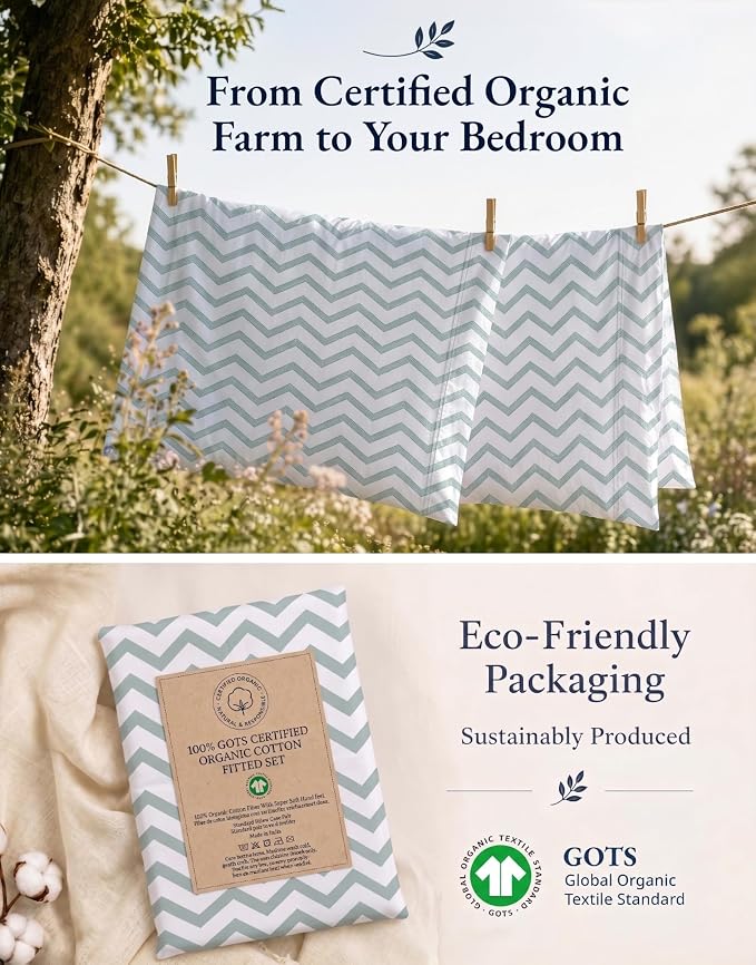 LANE LINEN 100% Organic Cotton Twin XL Fitted Sheet, 2-Piece Set (1 Fitted Sheet, 1 Pillowcase), Percale Weave, Lightweight, Soft, Breathable, Fits Mattress Upto 15' Deep - Cool Blue Chevron