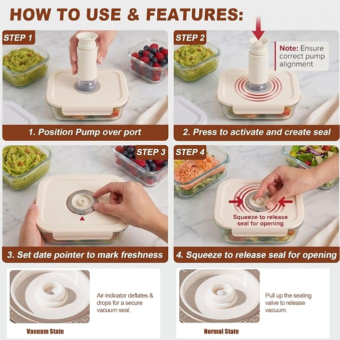 3-Piece Rectangle Glass Vacuum Food Storage Containers Set with Hand Pump & 10 Sealer Bags, Borosilicate Airtight Meal Prep Lids with Date Tracker, Leakproof, Freezer & Microwave Safe [21/35/50 Oz]