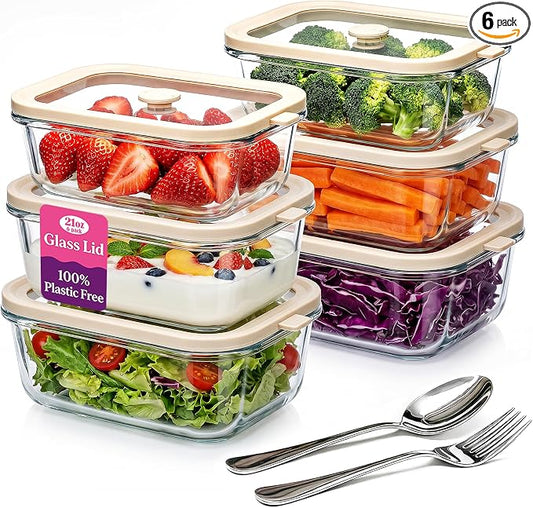 21 oz Glass Meal Prep Containers with Glass Lids, 6 Pack Plastic Free Glass Food Storage Containers, Airtight Glass Lunch Containers For Leftovers, Microwave, Oven, Freezer