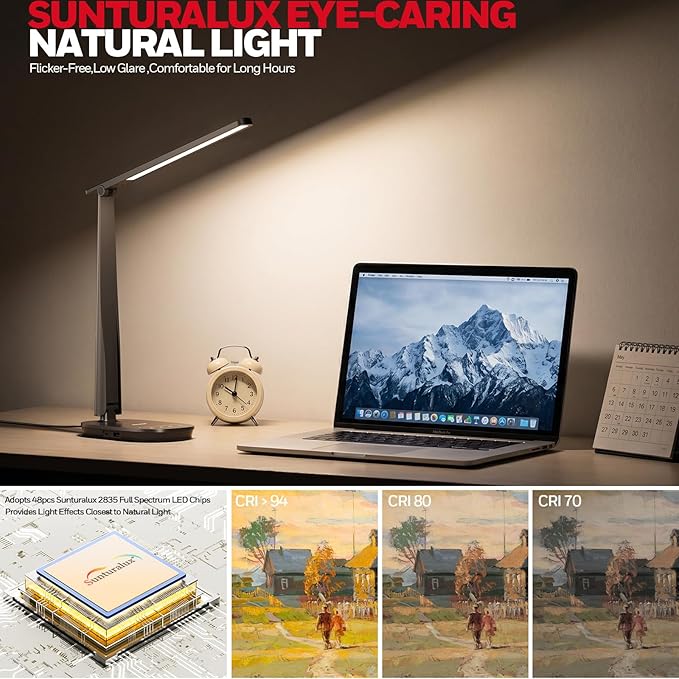 Honeywell LED Desk Lamp for Home Office, Eye-Caring Dimmable Reading Light with 4 Color Modes, Touch Control, USB-A & USB-C Charging Ports, Adjustable Head, Timer for Bedroom & Small Desks