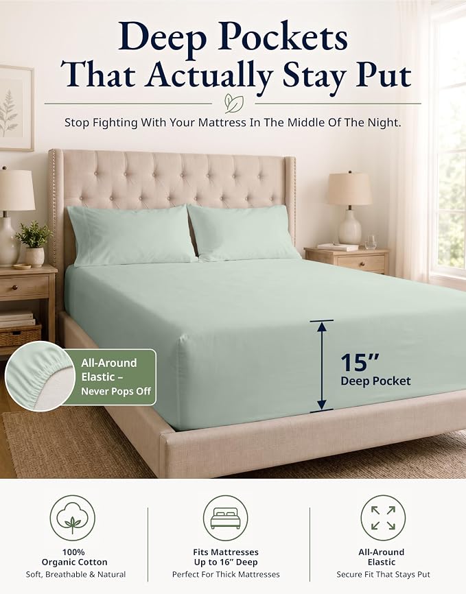 LANE LINEN Twin XL Size Fitted Sheet & Pillowcase (No Flat Sheet) - 100% Organic Cotton Soft & Breathable Percale Weave Fitted Sheet Set - 15'' Deep Pocket for Snug Fit - GOTS Certified - Cool Blue