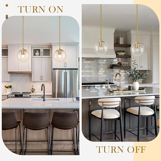 Bagood 6" Globe Pendant Light Gold 2 Pack Mid Century Pendant Light Globe Pendant Lights Kitchen Island Brushed Brass Finished with Clear Glass Adjustable Ceiling Light Fixtures for Dining Room Bar