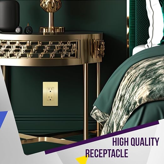 ENERLITES Elite Series Decorator Receptacle Outlet Child Safe Tamper-Resistant, Gloss Finish, Self-Grounding, Residential Grade, 15A 125V, 61501-TR-GDWBP2P, Brushed Gold (2 Pack)