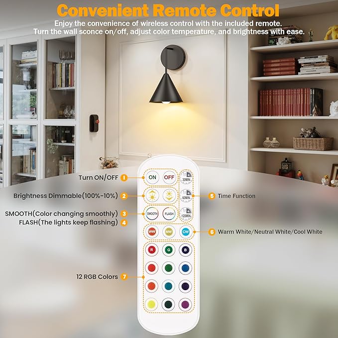 MATAMEYE Rechargeable Wall Sconce, Black Wireless Battery Operated Wall Lamp with Remote, Dimmable & Timer, Modern Industrial Indoor Light Fixture, Bulb Included