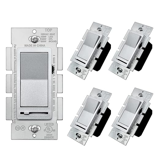 BESTTEN 5 Pack Matte Silver Dimmer Light Switch, Single Pole or 3-Way, Compatible with Dimmable LED, CFL, Incandescent and Halogen Bulb, LED Slide Dimmer Wall Switch, 120VAC, UL/cUL Listed