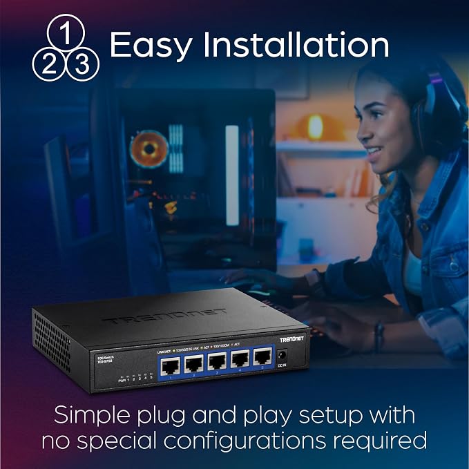 TRENDnet 5-Port 10G Switch, TEG-S750, 5 x 10G RJ-45 Ports, 100Gbps Switching Capacity, Supports 2.5G and 5G-Base-T Connections, Ethernet Splitter, NDAA & TAA Compliant, Lifetime Protection, Black